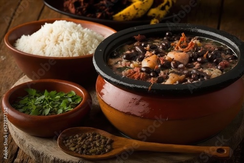tradicional feijoada brasileira com linguiça, porco, bacon, arroz e feijão preto. GENERATIVE AI photo