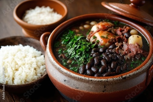 tradicional feijoada brasileira com linguiça, porco, bacon, arroz e feijão preto. GENERATIVE AI photo