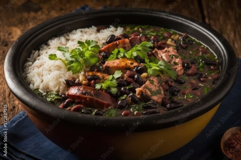 feijoada with black beans with pepperoni bacon and jerky. Traditional Brazilian food. Concept generated in Ai.