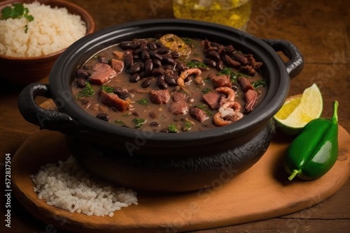 feijoada with black beans with pepperoni bacon and jerky. Traditional Brazilian food. Concept generated in Ai.
