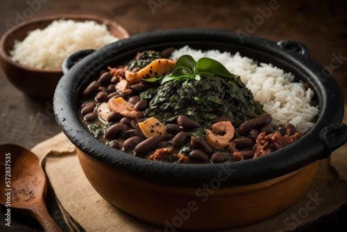 feijoada with black beans with pepperoni bacon and jerky. Traditional Brazilian food. Concept generated in Ai.