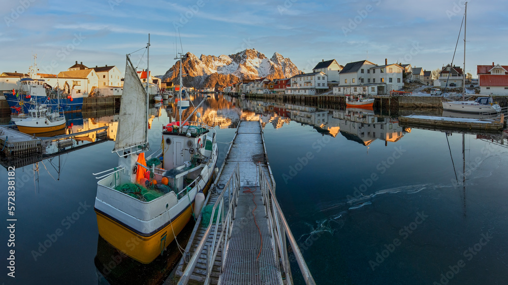 Panorama  - of Henningsvaer, called the Venice of the North, a popular town in the Lofoten Islands, Norway