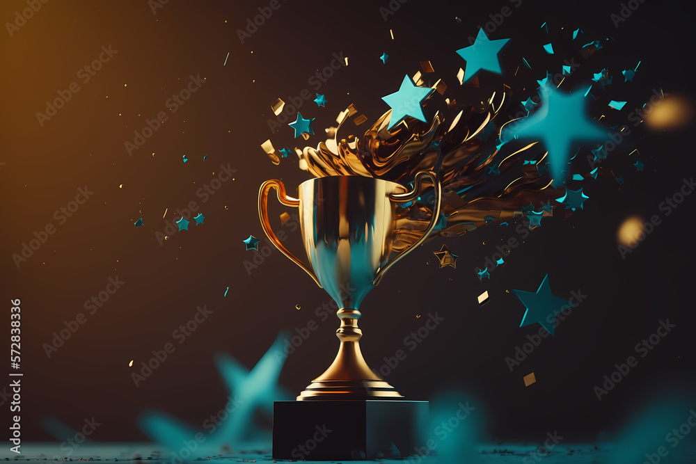 Champion golden trophy with gold stars on blue dark background. Generation AI - obrazy, fototapety, plakaty 