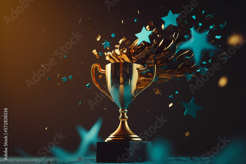 Fotografia Champion golden trophy with gold stars on blue dark background
