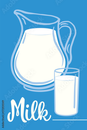 Milk. Natural farm milk in the glass jar and cup. Hand drawn color vector illustration on blue background.
