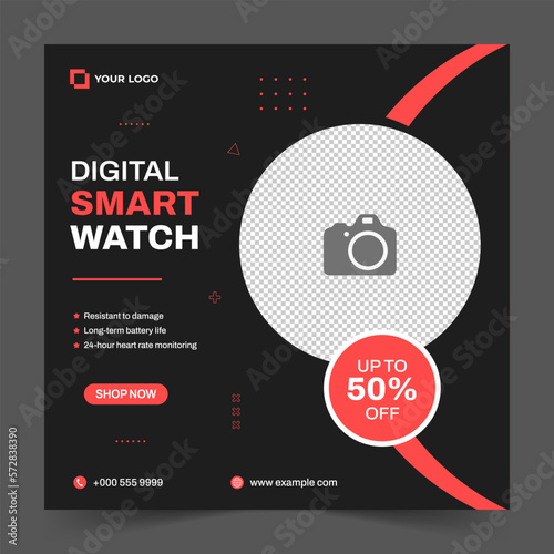 Smart watch sale offer post. Smart watch social media post. smart watch mega sale. Wrist Watch sale discount template. Clock business banner. Product sale and promotion.