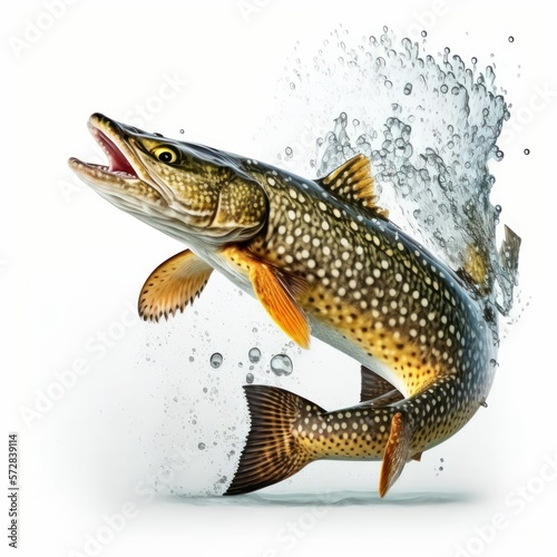 Detailed illustration of a freshwater Northern Pike fish jumping out of a lake isolated on a white background, generative ai photo