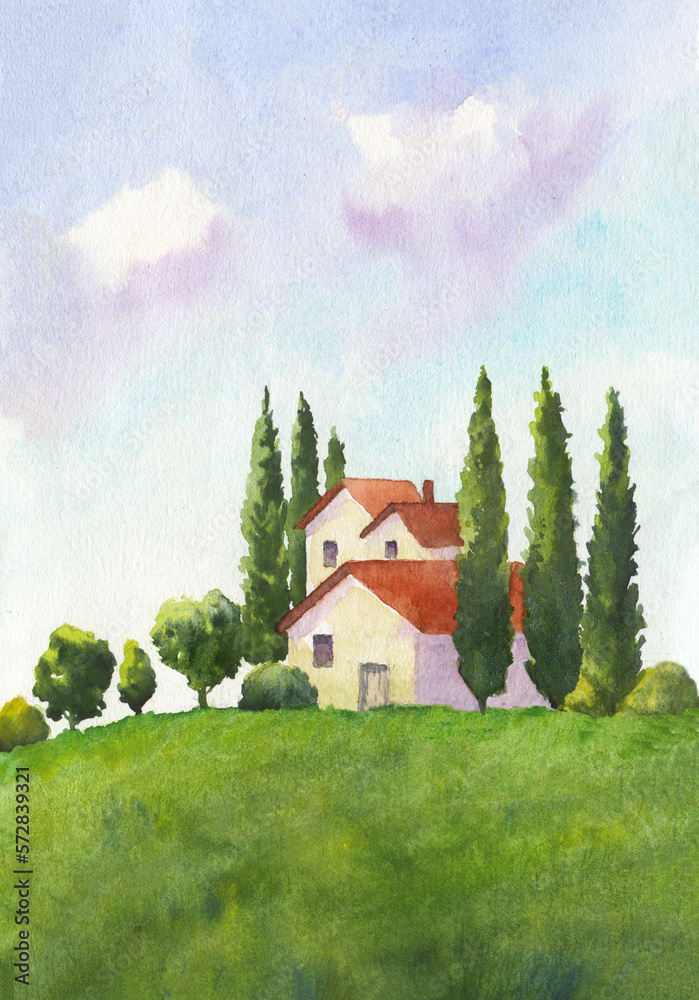 Watercolor illustration of a house, cypress trees, peaceful countryside landscape with green grass and blue sky with clouds