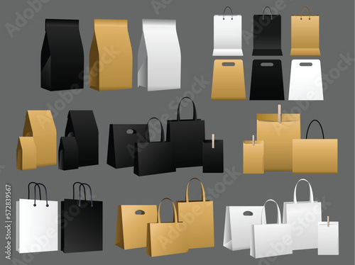 Paper bag mockups of shopping, gifts and food packages realistic vector design. White, brown and black bags or boxes, made of craft paper or cardboard with cord handles and transparent windows