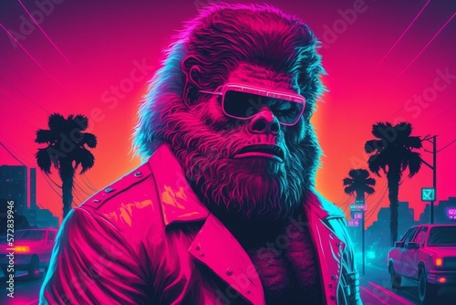 Synthwave Portrait of a Sasquatch dressed in a suit and sunglasses - Generative AI photo