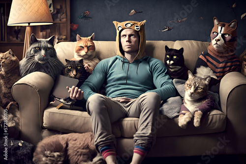 A crazy cat person man sitting on a sofa with all his feline friends, hoards of cats real and stuffed toys, geeky and not ashamed of his love and affection to animals and pets, watching TV documentry photo