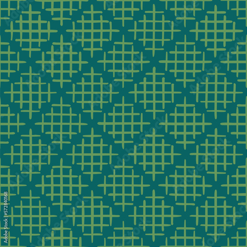 hand drawn squares from crisscrossed stripes. green geometric shapes at blue repetitive background. vector seamless pattern. fabric swatch. wrapping paper. design template for textile, linen, decor