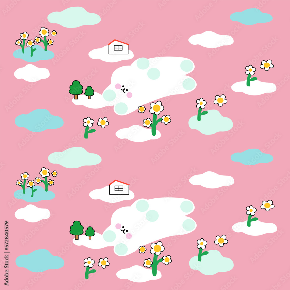 Fototapeta premium Seamless Pattern of Cartoon White Rabbit and sky flower home vector Design