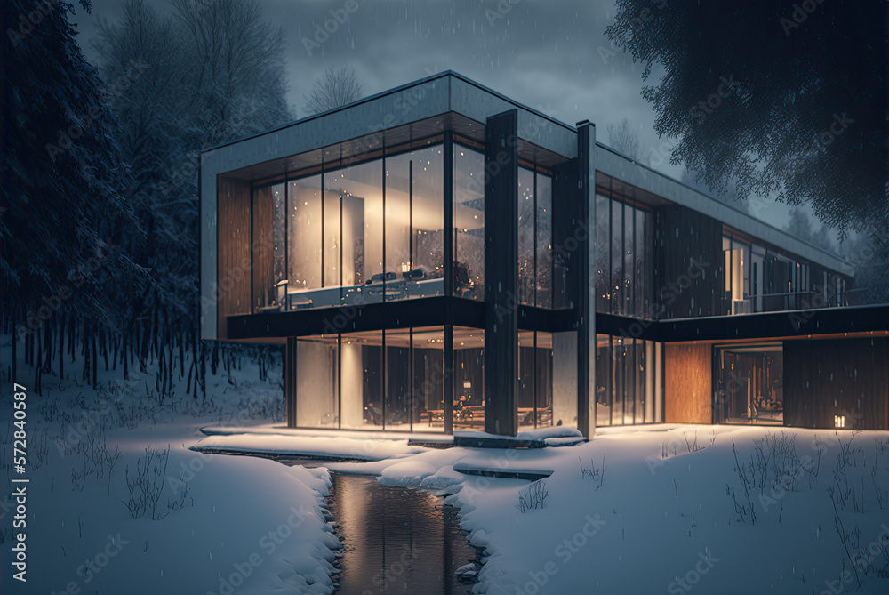 house in the snow night exterior design Generative AI