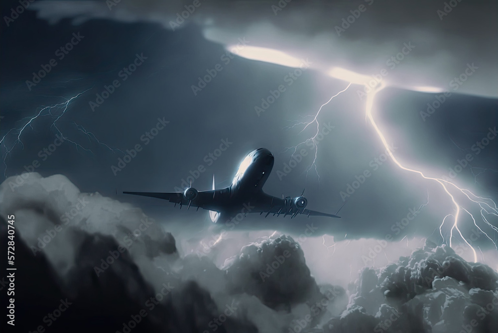 Fototapeta premium airplane in the clouds with thunderstrome Generative AI