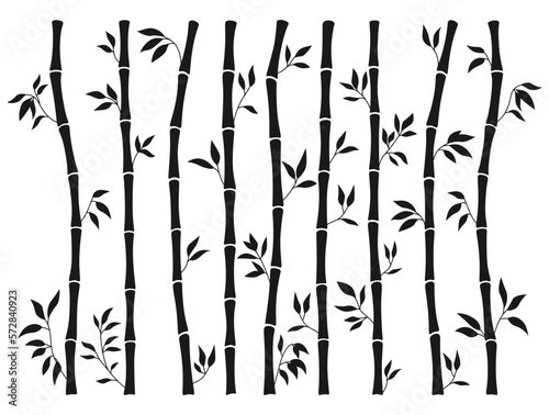 Bamboo stem and leaf silhouette borders set. Exotic decoration elements natural plant in engraving ink style. Hand drawing painted Asian traditional tree leaves, sticks bamboo ornament collection