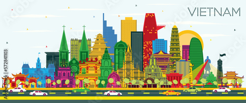 Vietnam City Skyline with Color Buildings and Blue Sky. Vector Illustration. Tourism Concept with Historic Architecture.