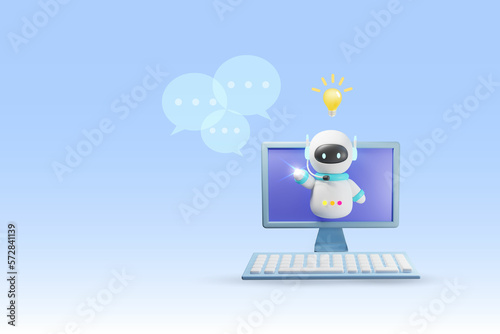 AI chat bot on computer screen generate smart solution answer to user. Artificial intelligence answer questions robot provide smart conversation and ideas for user to accomplish tasks. 3D rendering.