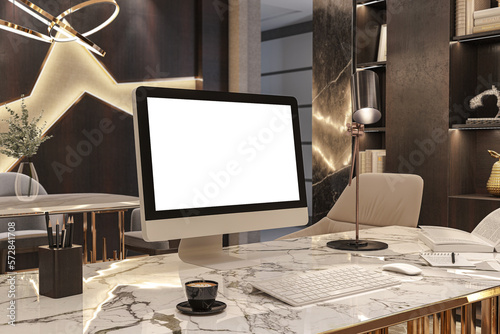 Desktop computer white frame on work desk, 3d office background