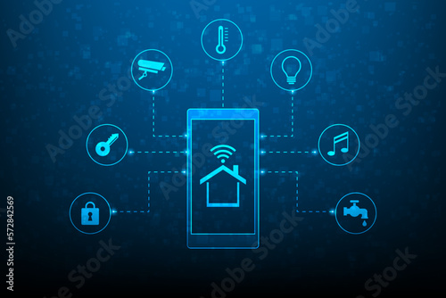 smart home digital technology on mobile phone. Internet of thing home automation system. mobile control electronic device in house. iot concept with icon.
