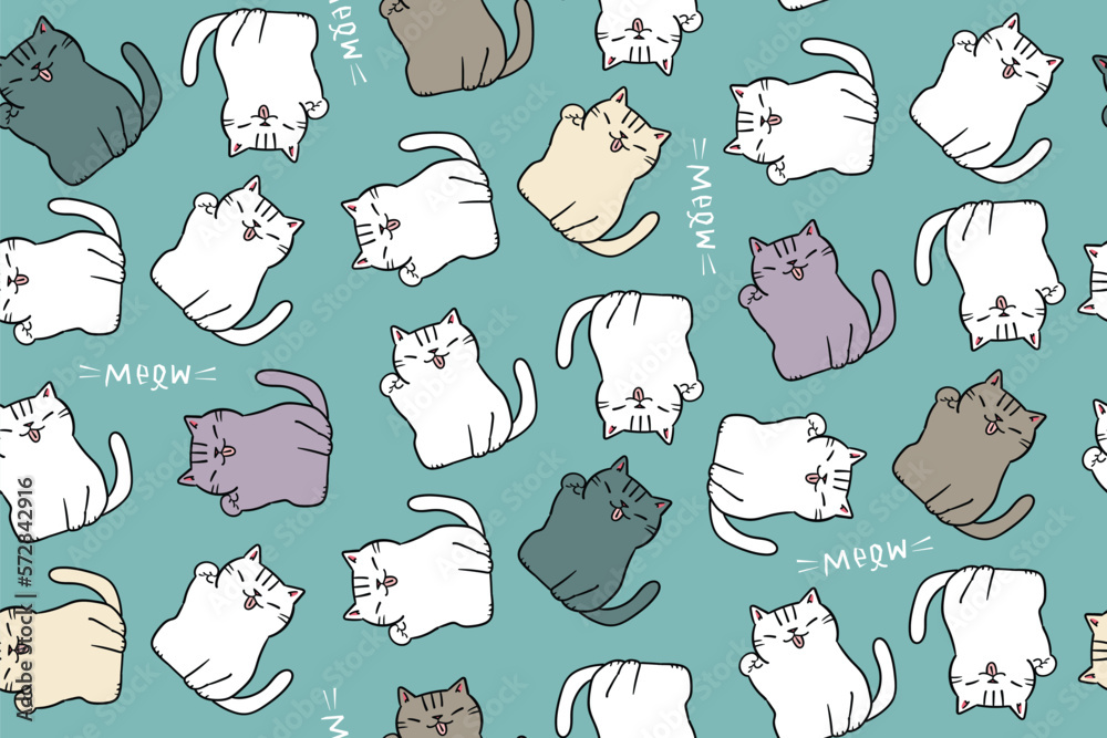 Seamless Pattern with Cartoon Cat Design on Green Background Seamless Pattern with Cartoon Cat Design on Green Background
