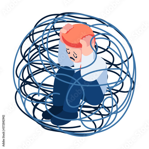 Isometric Depressed Businessman Sitting Inside Tangled Line