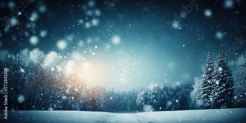 Beautiful winter background of snow and blurred forest for your product display. generative ai photo