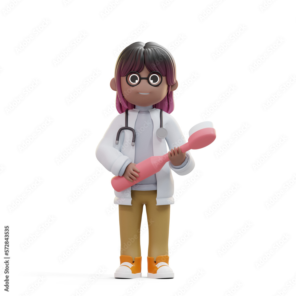 Fototapeta premium 3d character doctor or dentist in the medical world with a stethoscope carrying a toothbrush isolated