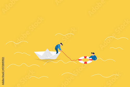 Drowning businessman getting lifebuoy from another businessman. Business help to survive, support, survival, investment concept. Eps10 illustration