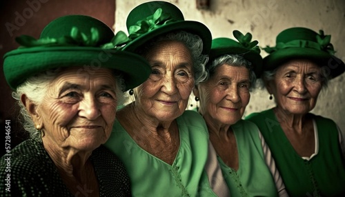 Beautiful Saint Patrick's Day Parade Celebrating Diversity Equity and Inclusion: Hispanic Elderly Women in Festive Green Attire Celebration of Irish Culture and Happiness (generative AI)
