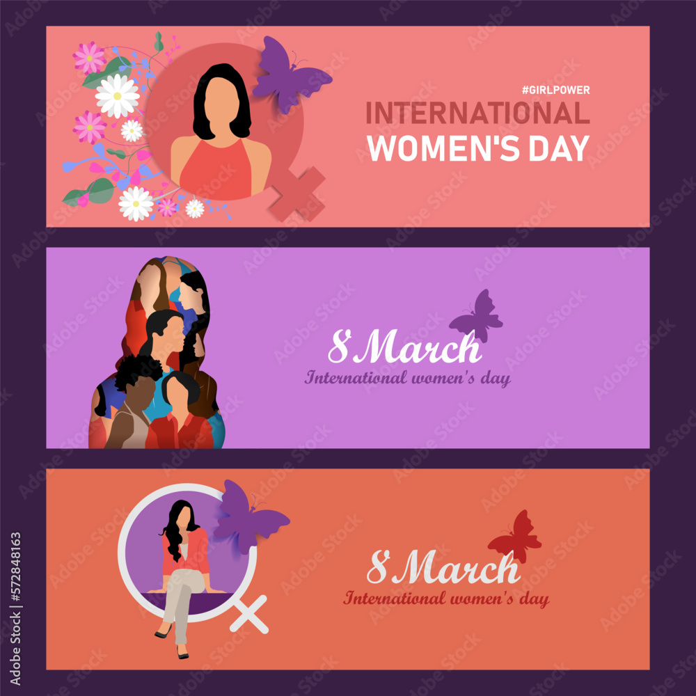 The concept of international womens day. Banners with a girl and flowers on a pink background. Sale. Vector illustration The concept of international womens day. Banners with a girl and flowers on a pink background. Sale. Vector illustration