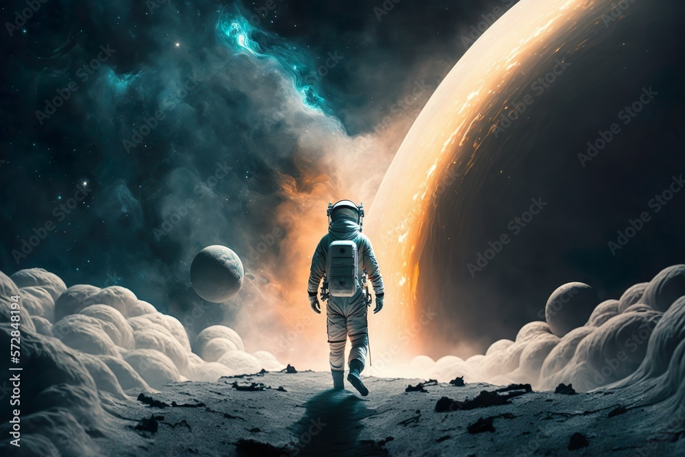 an astronaut walking on the moon amidst a cosmic scene, with a beautiful nebula, the Milky Way, and a black hole.