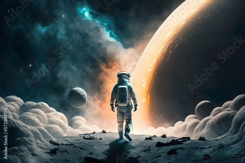 an astronaut walking on the moon amidst a cosmic scene, with a beautiful nebula, the Milky Way, and a black hole.