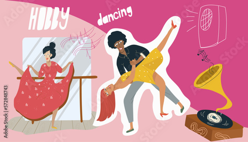 Collage on the theme of hobbies, free time, dancing, couples, zumba, chachacha, tango, gramophone, cartoon characters vector illustration.