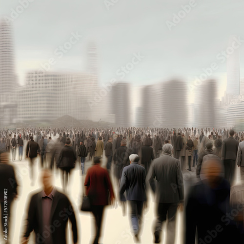 Blurred illustration of crowd of different people walking in mass towards the city business center in haze