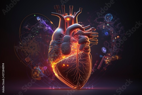 Punk style blood vessel connects engine to human heart. AI technology generated image