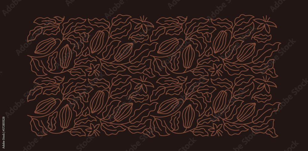 Cocoa background. Chocolate pack design element. Floral ornament. Beans and branches leaves. Editable outline stroke. Vector line.