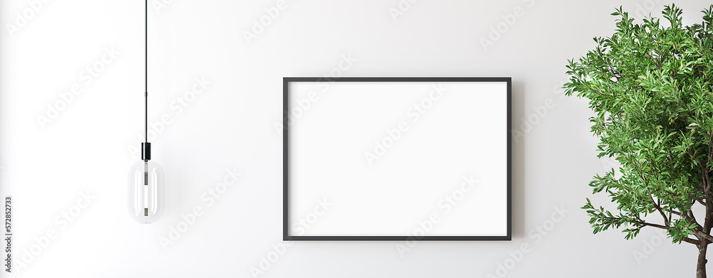 black frame mockup on white wall, 3D rendering black frame mockup on white wall, 3D rendering