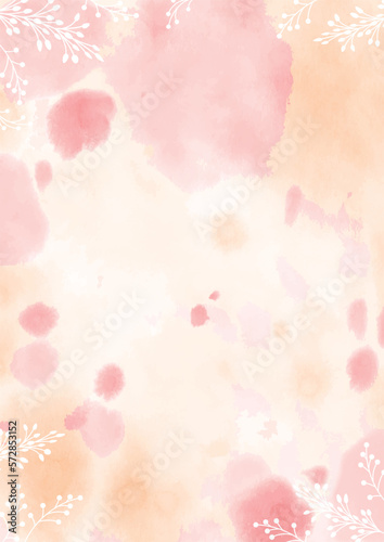 ピンクとオレンジのにじんだ円に植物を添えた水彩背景