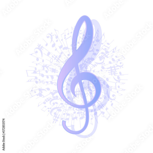 Luxury blue pink Treble Clef on flying notes. Beautiful musical notation symphony for banner of festival, print design, melody recording, design back layers. Color musical notation signs. Vector