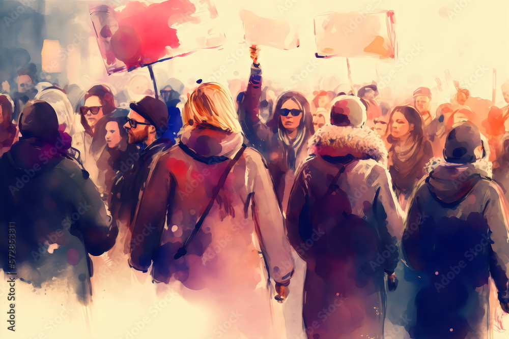 watercolor painting of a crowd of people at protest created with generative ai - obrazy, fototapety, plakaty 