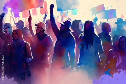 Foto watercolor painting of a crowd of people at protest created with generative ai
