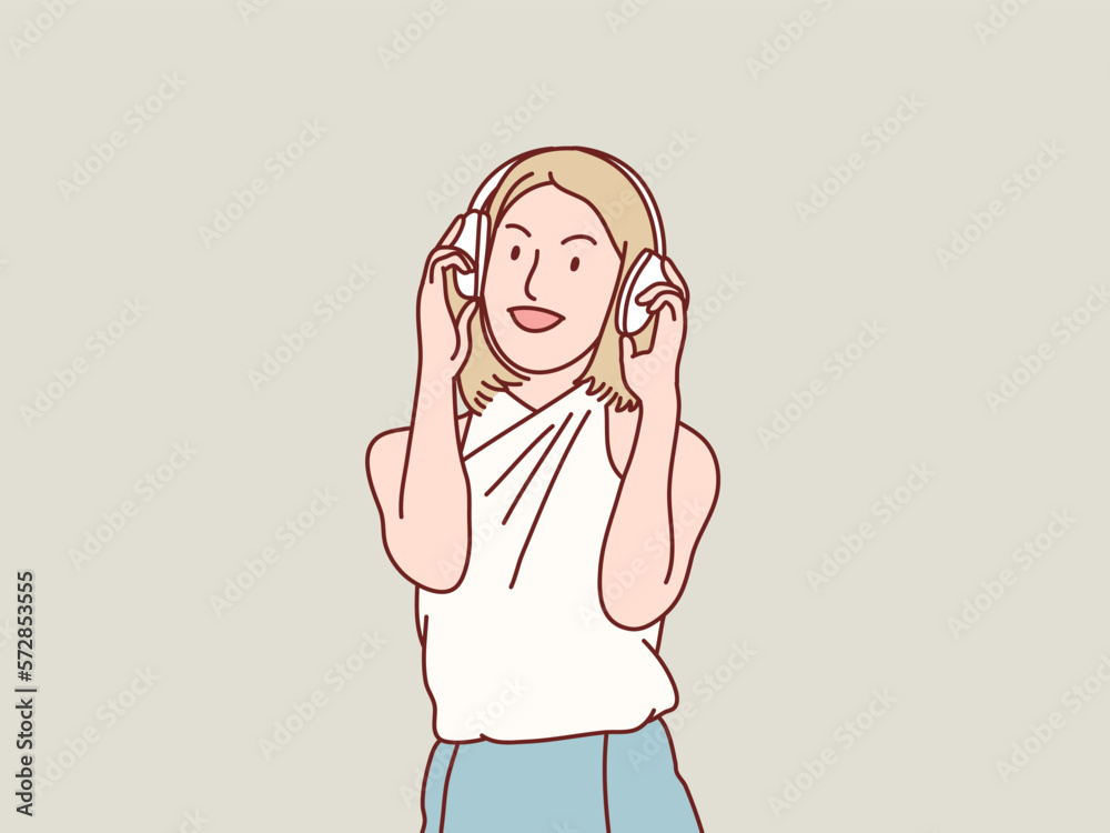 Woman happy hear music from headphone korean illustration style Woman happy hear music from headphone korean illustration style