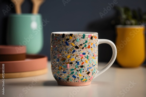 terrazzo textured ceramic mug on bench with crockery created with generative ai