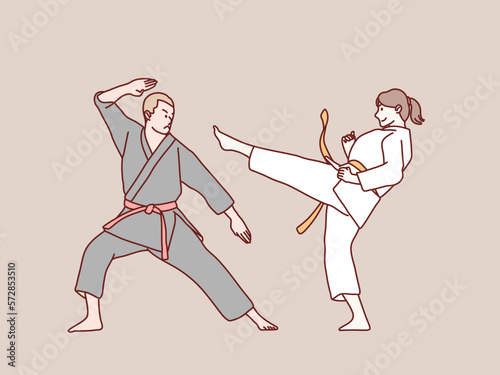 Man woman practice karate red belt training sparring partner simple korean style illustration