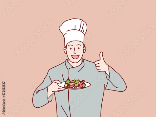 Chef Serving Food Happy Cook Man Holding Plate show a thumbs up simple korean style illustration