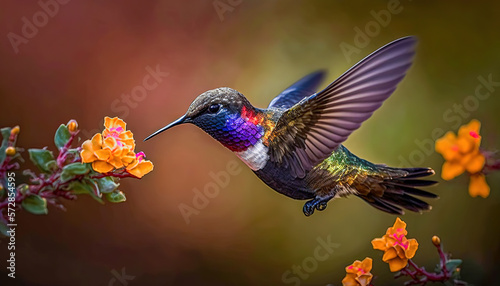 Hummingbird flying to pick up nectar from a beautiful flower. Post-processed generative AI 