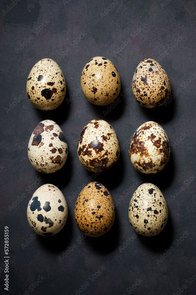 Obraz premium Quail eggs on a black table.