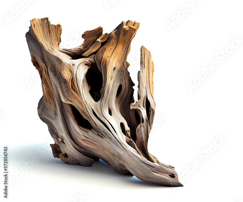 Piece of well worn driftwood on a white background Generative AI Illustration