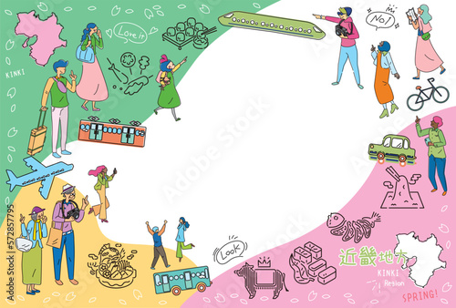 日本の近畿地方の春のグルメ観光を楽しむ観光客、アイコンのセット（線画）